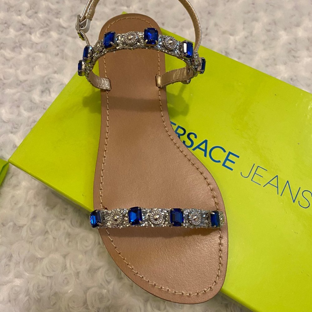 Versace Jeans Ladies Blue Glitter Mirror Flat Sandals-37